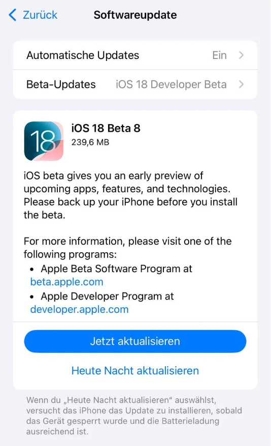 涿鹿苹果手机维修分享苹果 iOS / iPadOS 18 开发者预览版 Beta 8 发布 